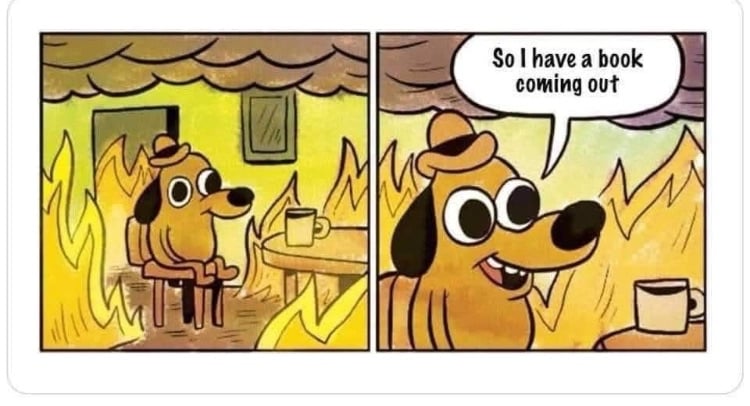 The "this is fine" dog comic, in which a cartoon dog sits with coffee in a burning smoke-filled room. In the second panel, the dog says "So I have a book coming out."