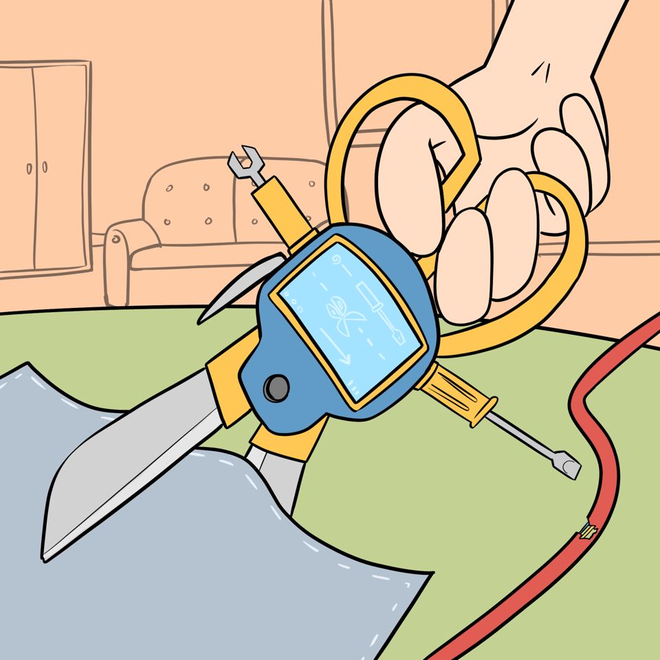 A pair of scissors is cutting some cloth. The scissors have an instructional screen on them and some attachments for a screwdriver, a wrench and other attachments.