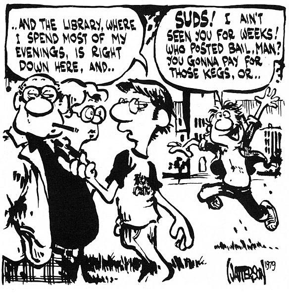 Bill Watterson’s 1979 college comic showing a self-potrait character leading his parents around campus and claiming to spend a lot of time at the library