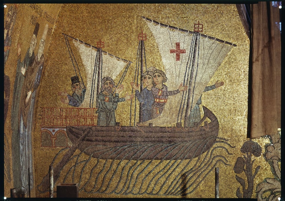 a venetian ship in a golden mosaic from the 12th century - San Marco, Venice