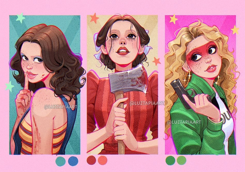 An illustration of the same actress as three different characters, a woman wearing overalls and holding her finger up to her lips, a woman in a red dress holding an axe, and a woman with red paint over her eyes holding a gun