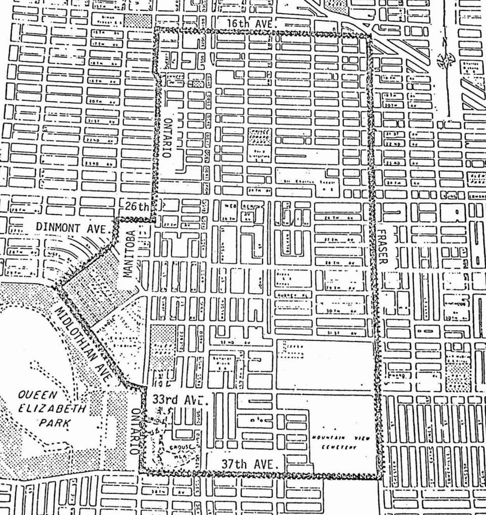Black and white drawn map of Riley Park showing the nighborood as bounded by 37th, Ontario/Midlothian/Dinmont/26th, 16th, and Fraser.
