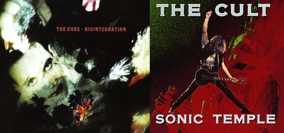 First pic: We see the face of The Cure singer Robert Smith, with pale white skin, black hair, black eyeshadow, and red lips. (He's one of the most Gothiest men alive.) Around him are images of flowers. The photo has a sense of distortion, because I believe it's actually a projection onto a wall or another surface. Second pic: A photo of guitarist Billy Duffy, a white guy with long hair that completely covers his face. He's shirtless save a vest, and wears leather pants. He's taking a triumphant pose, with one hand pointed in the air, the other hand on the neck of the guitar, and his legs spread out -- he forms a kind of triangle shape. This is in front of a heavily distorted close up of singer Ian Astbury, his head thrown back and a microphone in his hand. This picture of him is almost totally in red, with some green highlights.