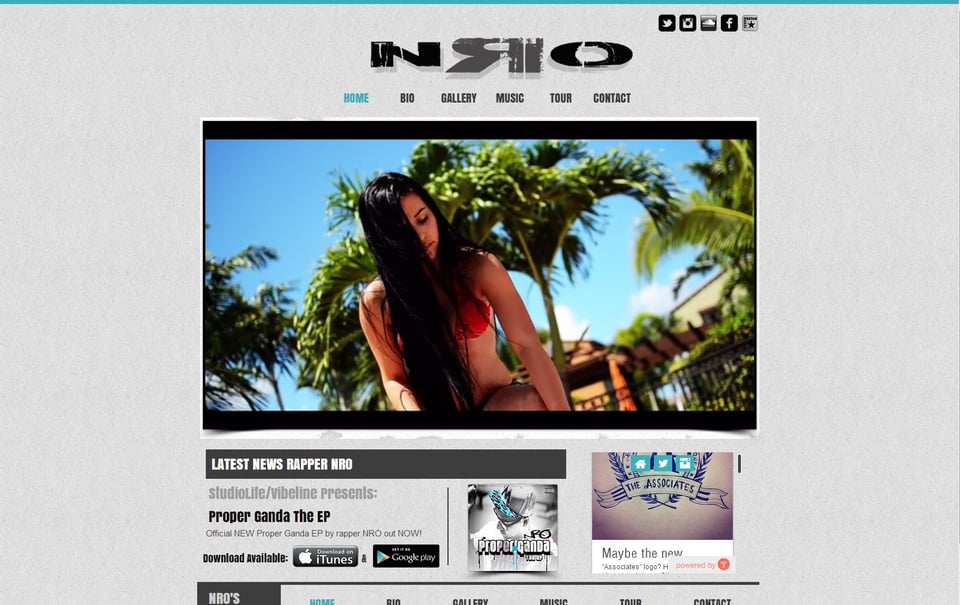 A spare, early '00s-looking webpage with black type and a grey background. A photo of a person in a bikini before palm trees is centered on the page.