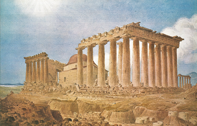 An 1800s drawing of the Parthenon, a symbol of ancient Athens