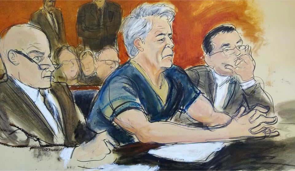 In a courtroom artist's sketch, Jeffrey Epstein, center, sits with attorneys during his arraignment in New York federal court in 2019.