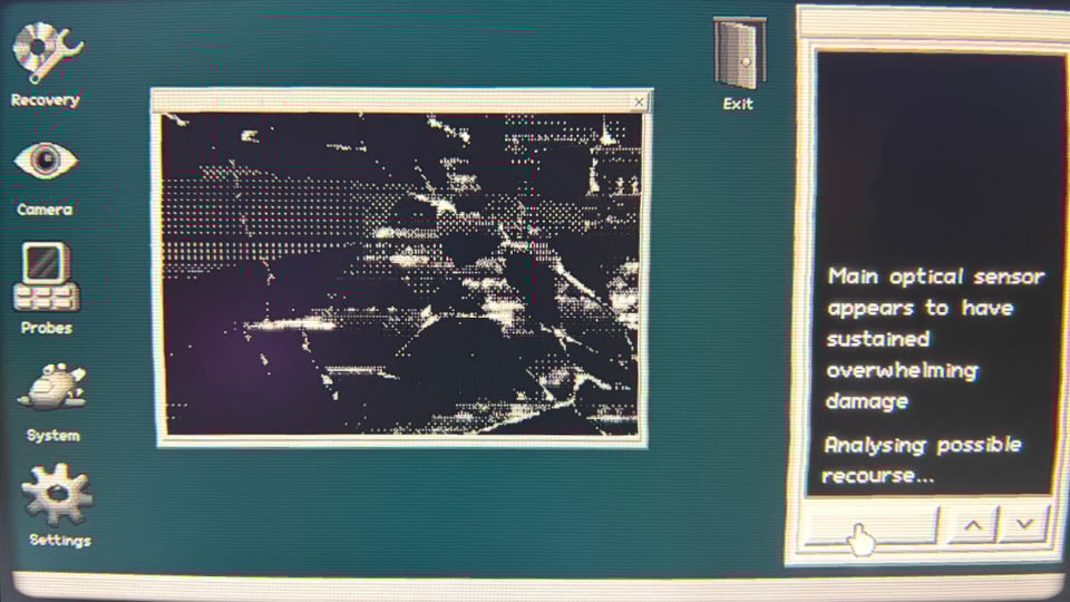 A 90’s style looking interface with a classic teal background and silver UI elements. There is a chatbox in the right hand area and a black and white photo in the center.