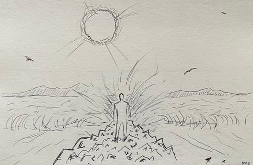 A rough sketch of a human figure standing on a craggy breaker. Waves crash, birds fly, and a big sun burns