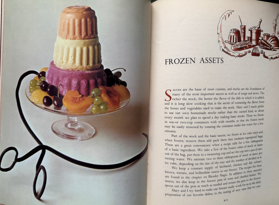 Mary and Vincent Price's Sherbet Castle next to "Frozen Assets" introduction for the book A Treasury of Great Recipes