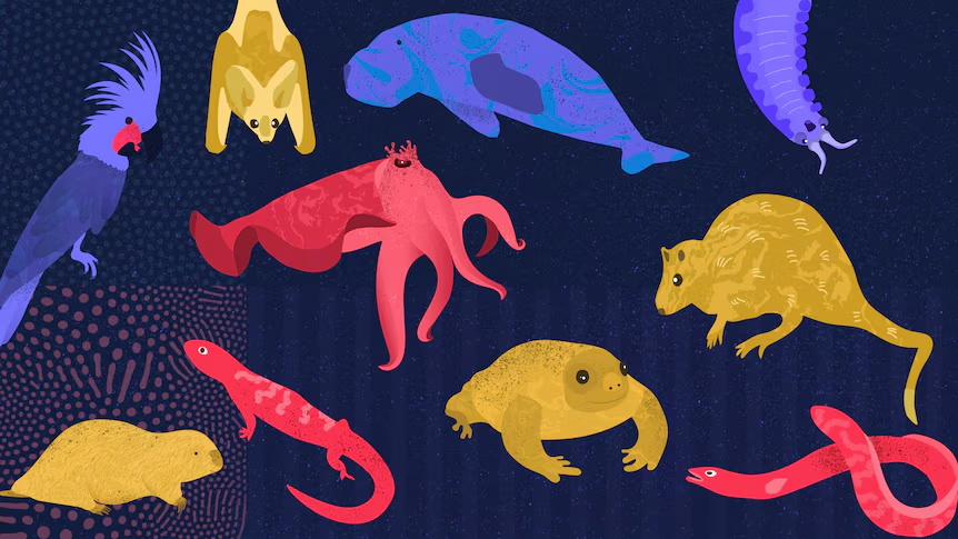 A brightly coloured cartoonish picture of 10 Australian animals: Palm cockatoo, Ghost bat, Velvet worm, Marsupial mole, Great desert skink, Short-finned eel, Turtle frog, Dugong, Rakali
