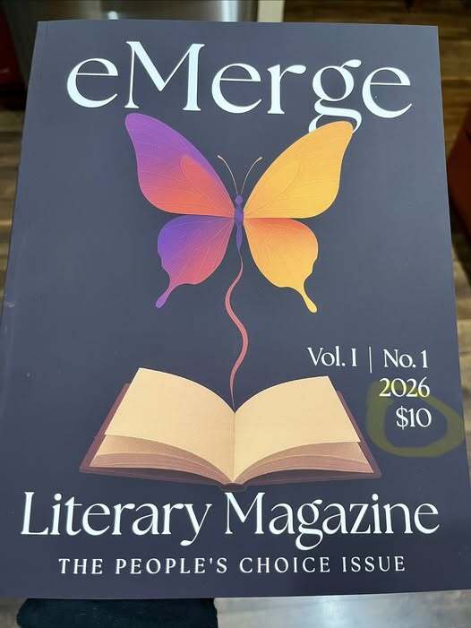 Print cover of the eMerge print edition with a butterfly emerging from a book