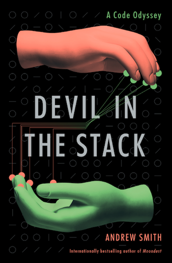 Cover of Devil in the Stack: two hands are joined by circuit-wiring lines.