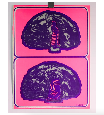 A 1968 pop art style lithograph of the front and back of a woman's head