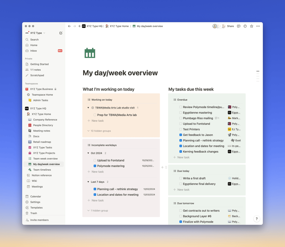 Screenshot of Ben's day/week overview in Notion.