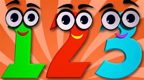 A green numeral 1, a red numeral 2, and a blue numeral 3. They each have big googly eyes, floaty black eyebrows, and little smiles (red for green, yellow for red, purple for blue). There is a red-orange & pink sunburst pattern behind them.