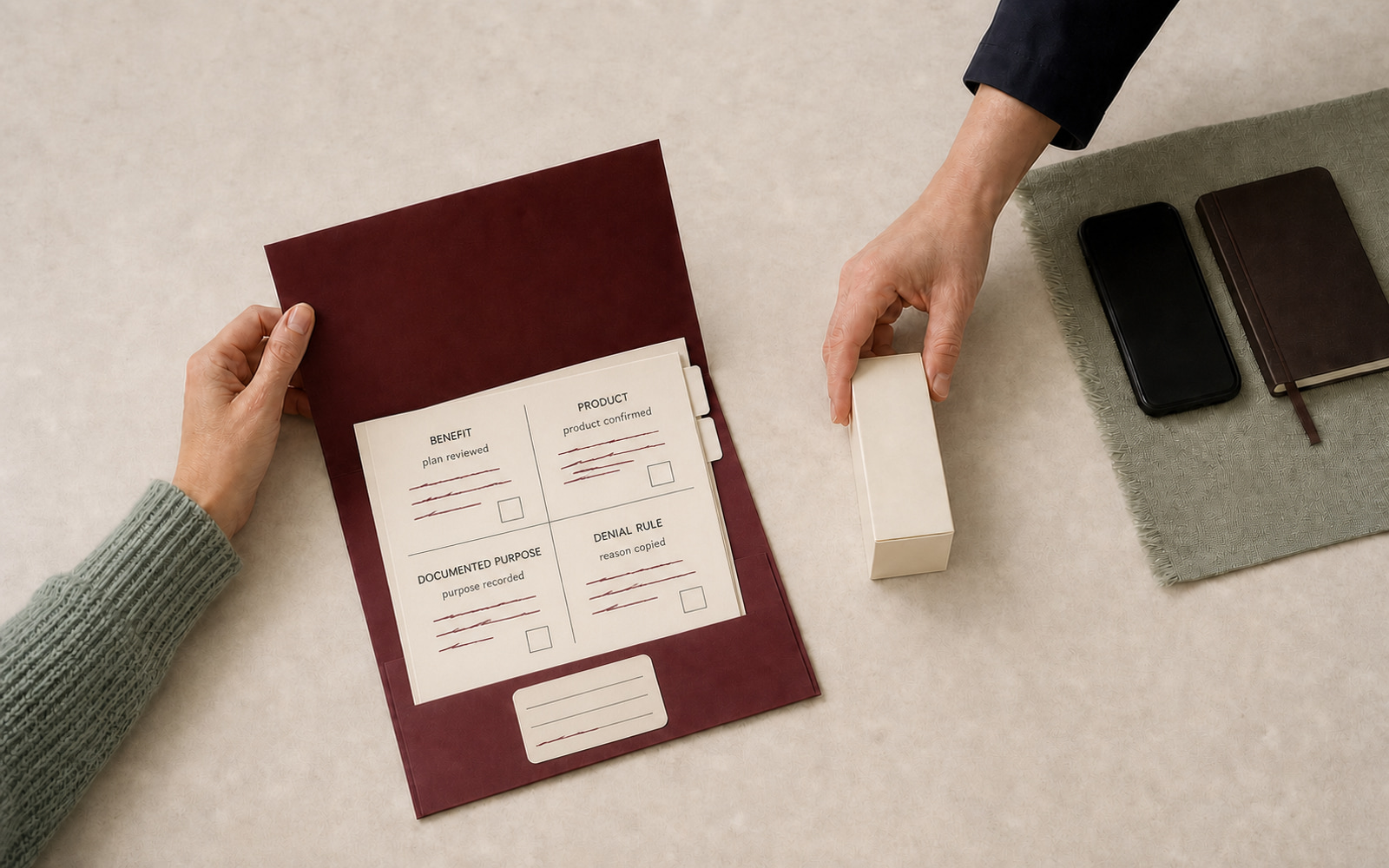 Two people review a four-part coverage worksheet in an open folder, with a medicine carton, phone, and notebook nearby.