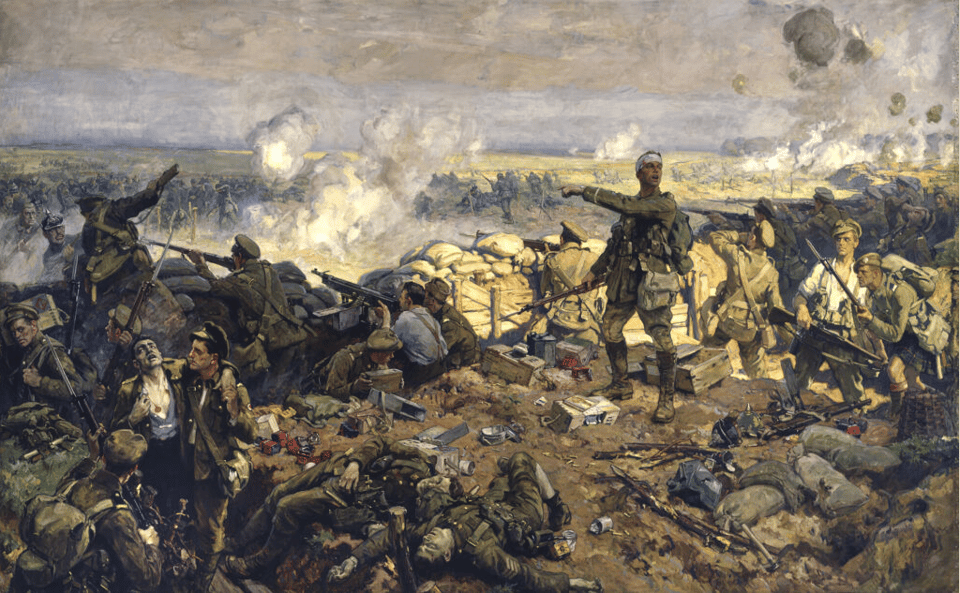 An oil painting. Chaos on the battlefield. Dead bodies strewn. Smoke billows down the line of the front. A soldier stands in the middle, his head bandaged. He points to the front and looks back, but it is not clear who he is calling forward.