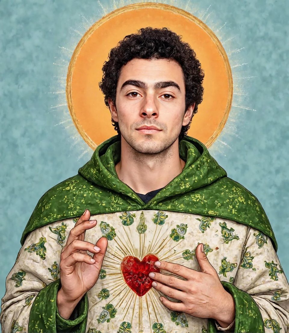 an illustration depicting Luigi Mangione in the style of a medieval saint
