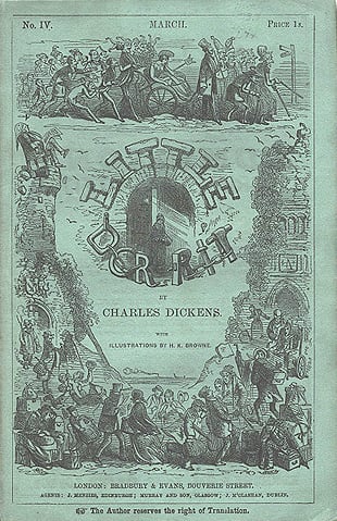 The signature pale green cover of 19th century serial installments, featuring illustrations of the prison and its inhabitants and lettering of "Little Dorrit" in chains.