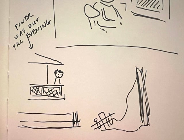 sketch of me looking off my deck at a decapitated power pole