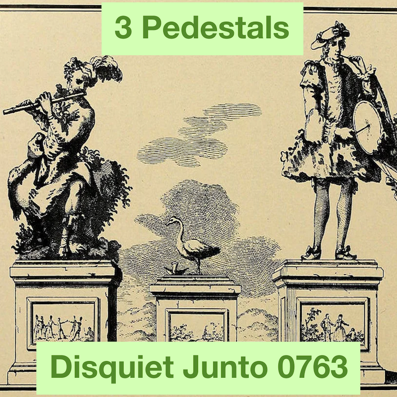 Three pedestals featuring a person playing a flute, a bird, and a person playing a drum, plus the name and number of the project
