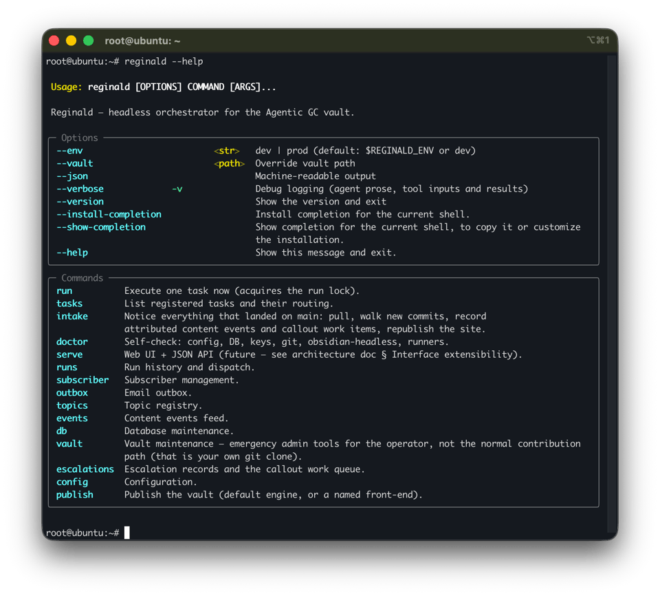 Screenshot of Reginald's help page, text based UI on a terminal