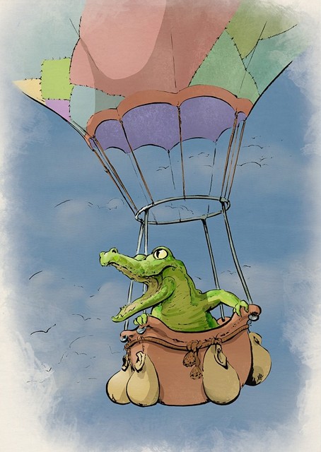 ilustracja przedstawiająca uśmiechniętego krokodylka lecącego balonem