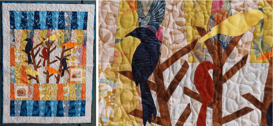 Frontenac State Park, Bird Flyway
Pieced by Carolyn Bowles, Old Frontenac, MN
Quilted by Katie Glancy, Woodbury, MN
Pattern: “Blue Jay Way” by Abbey Lane Quilts
I combined elements to represent water, camping, vegetation, sky and birds.
