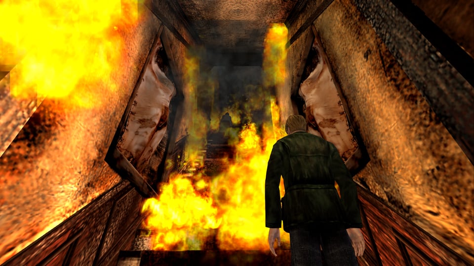 James looking up a burning staircase to see Angela walking away