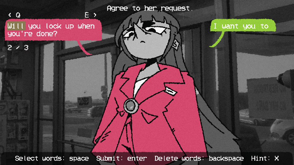 A screenshot of puzzle gameplay. Raelyn looks down at the the viewer, and a black-and-white photograph of a gas station is behind her.