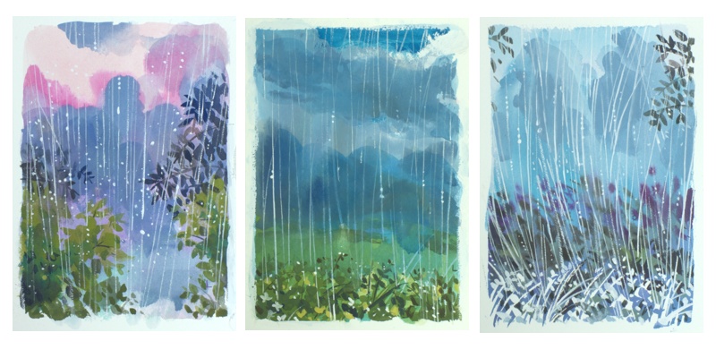 three gouache landscape paintings of rain, from a gentle rain to a blustery day