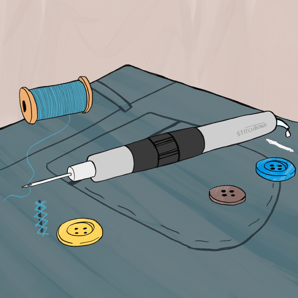 The back pocket of a pair of trousers is in view, on top of it is a bobbin of thread, 3. Buttons, and a stick which says StitchBond on it. One end of the stick has a needle and the thread from the bobbin is going through this, at the other end of the stick some glue is coming out of a nozzle.