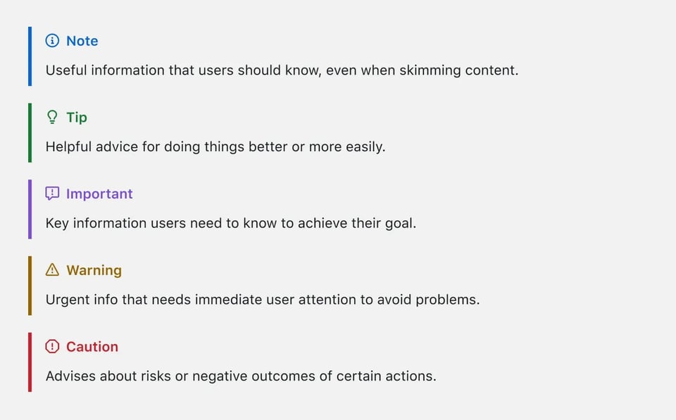 Screenshot of nicely formatted and styled alerts in Github Markdown