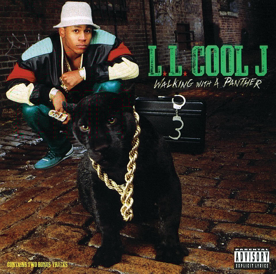 LL Cool J, a young Black man in a grey kangol hat and heavy jacket that may also be part sweater, kneels in a wet alley somewhere. In front of him is a little panther cub with a giant-ass thick gold rope around its neck. Behind both is a black metal-reinforced briefcase with a pair of handcuffs attached to the handle; one of the cuffs is open.