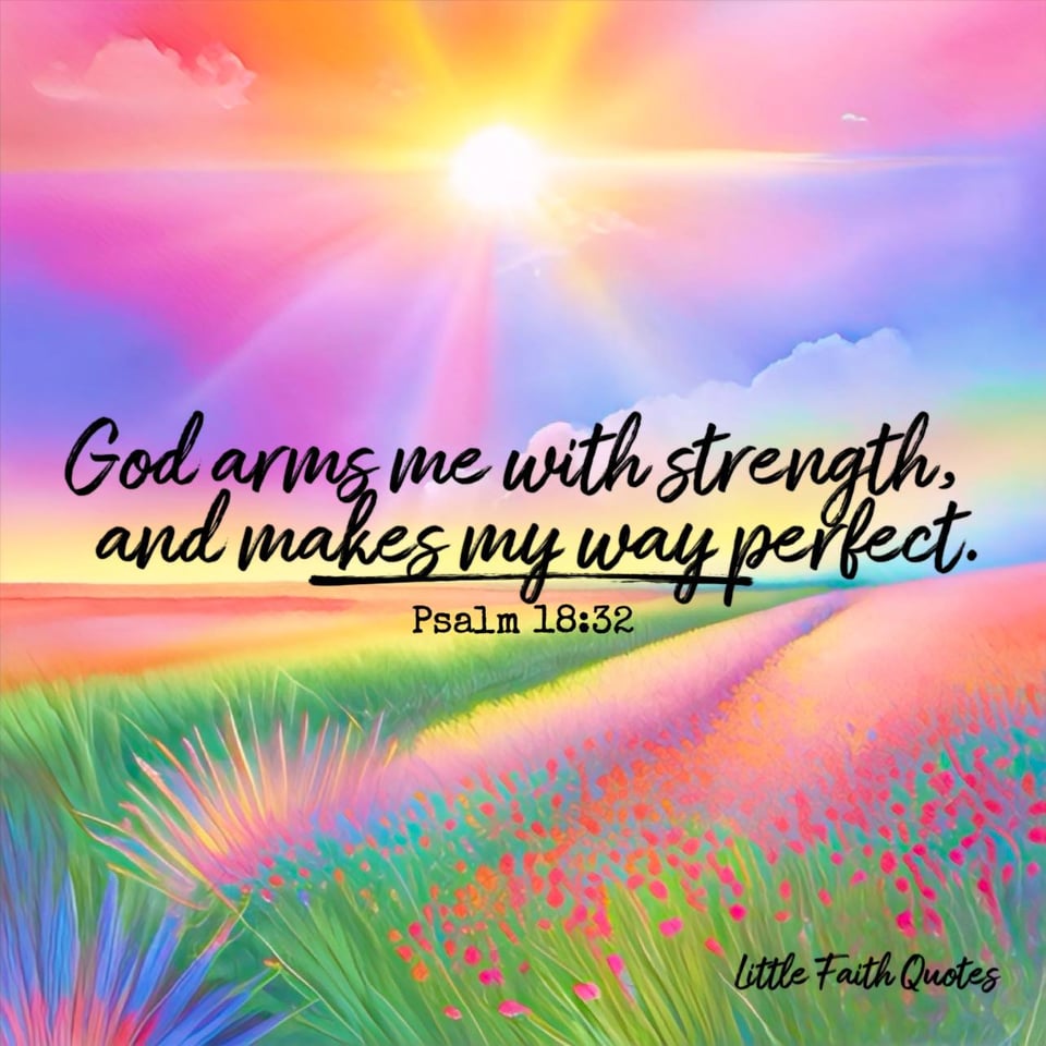 "God arms me with strength, and makes my way perfect." ~Psalm 18:32. The sun sets in a pink, blue, and orange sky. A meadow of pink, yellow, and blue flowers stretches out as far as the eye can see. Image by: @Little Faith Quotes.......................