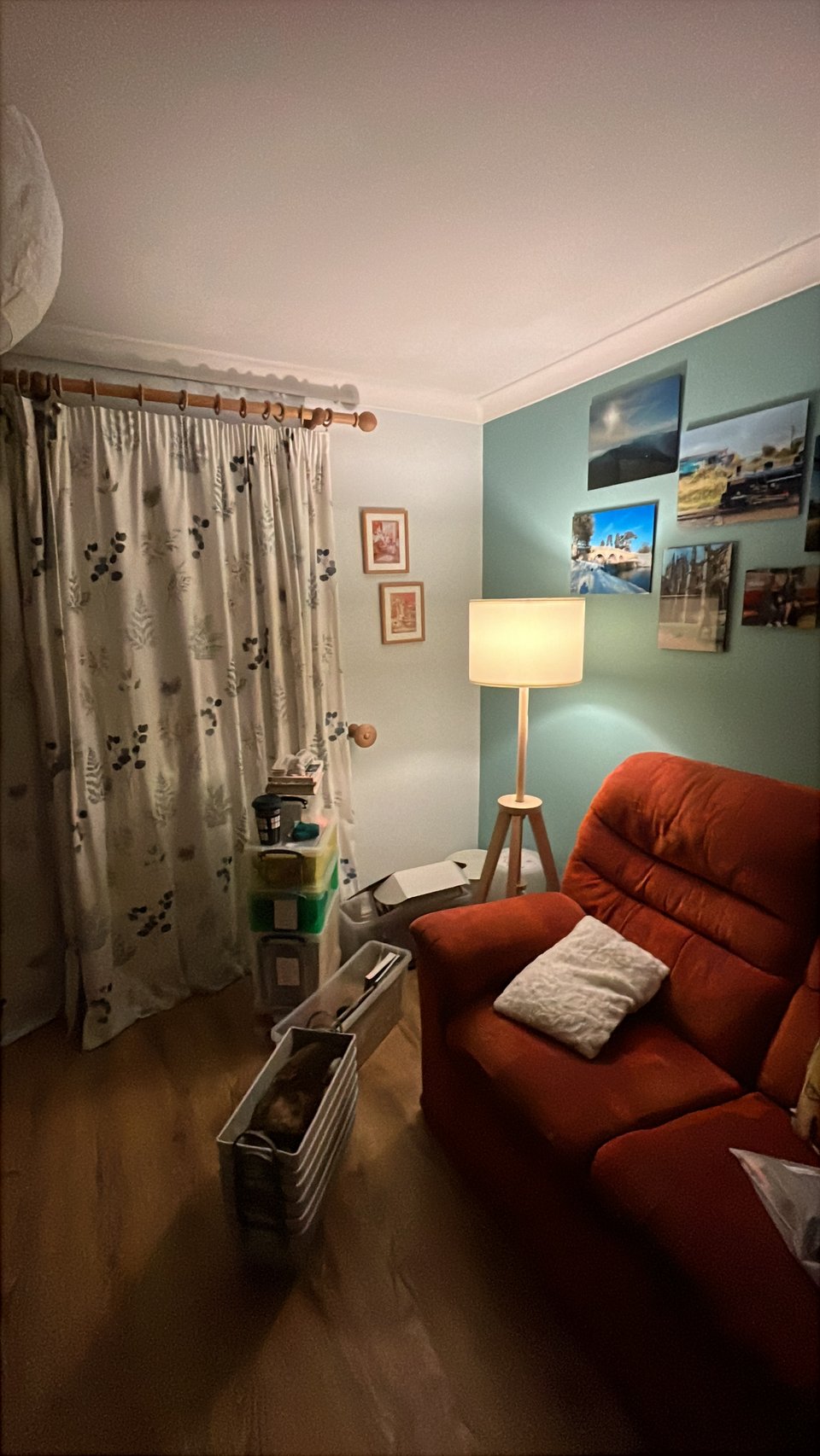 A lamp in the corner of my living room. There's a red sofa, a tall standing lamp, and several boxes strewn around the floor.