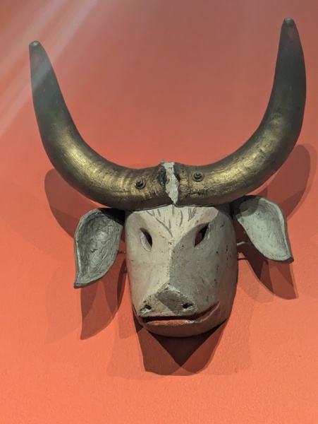 A mask of a bovine's face with large horns, mounted on a wall