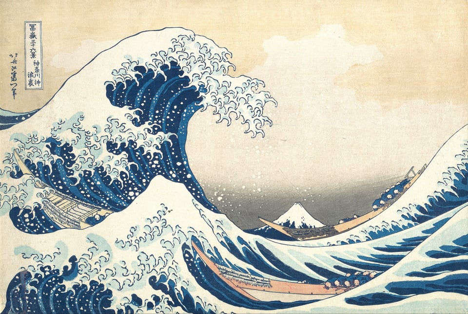 A painting of a cresting wave. Under the Wave off Kanagawa (Kanagawa oki nami ura), also known as The Great Wave, from the series Thirty-six Views of Mount Fuji (Fugaku sanjūrokkei)