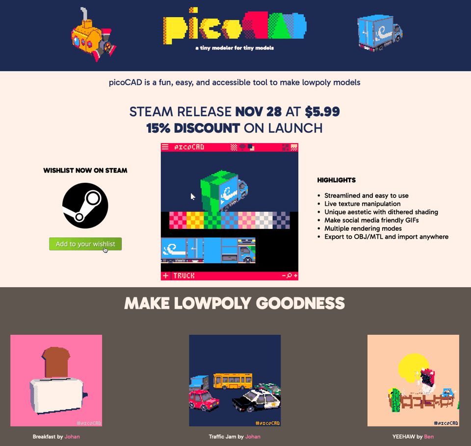 A screenshot from the picocad.net website.