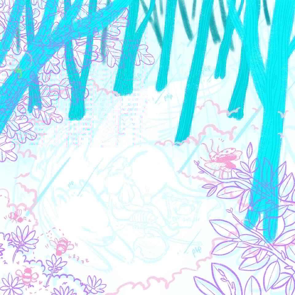 A cyan blue, purple, and pink illustration in progress showing a very faint griffin, human, and giant roly poly companion dozing in a clearing in a forest as it rains lightly. The griffin holds up one wing overhead the other two who sit on a log. In the foreground, a beetle lifts its wings and legs to take off, looking almost like a challenge to the griffin.