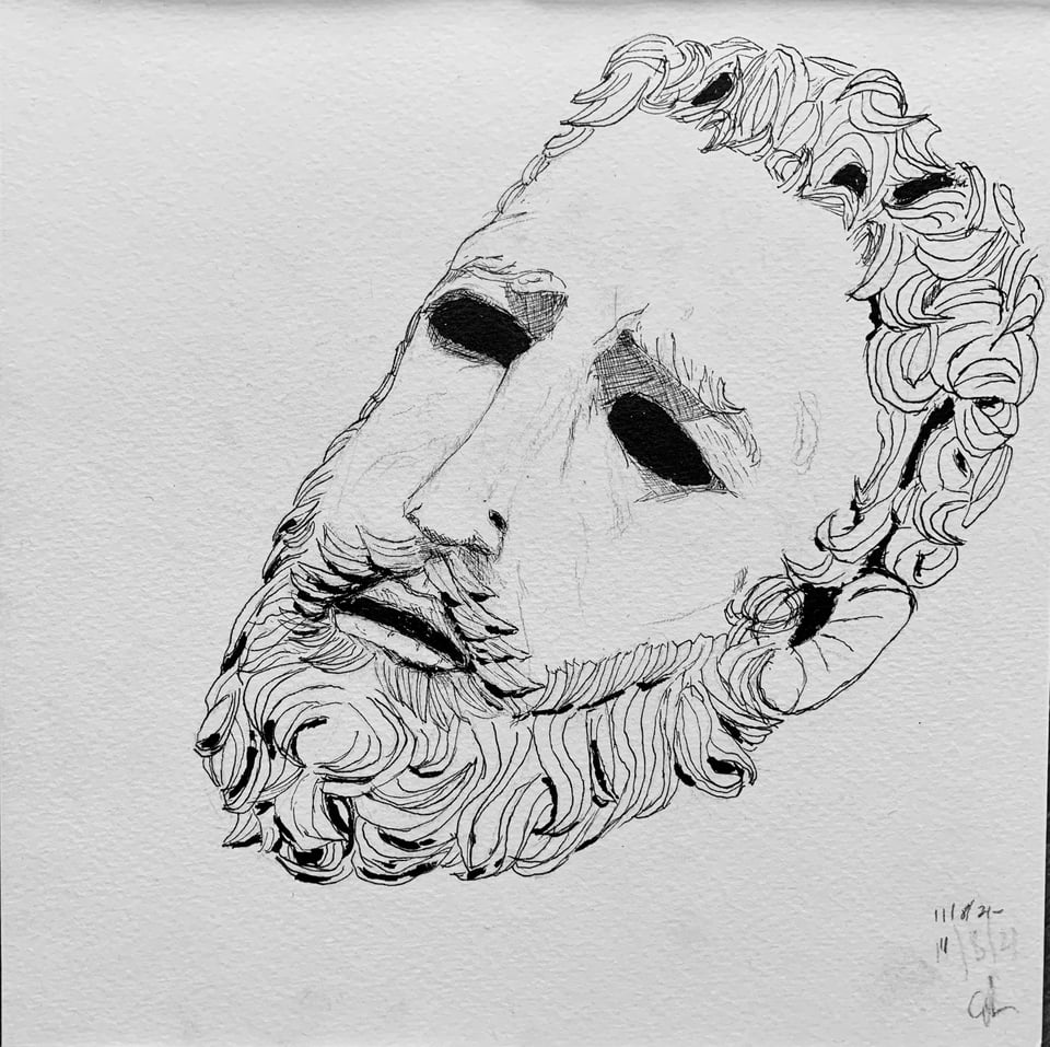 Pen & ink drawing of the face of the statue Boxer At Rest, with black voids for eyes