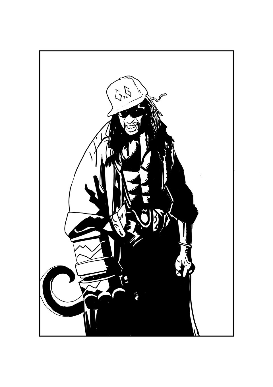 Lil Jon with Hellboy's signature coat and stone fist