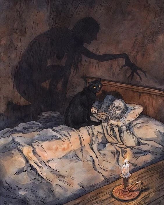 A watercolor illustration of a man frightened in bed. A black cat rests menacingly on his chest, and a candle throws a shadow onto the wall, revealing that the cat is actually a hag-like demon.