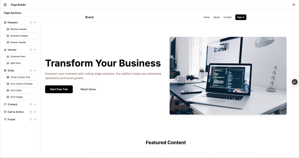 Main view of the page builder with some elements already on the page