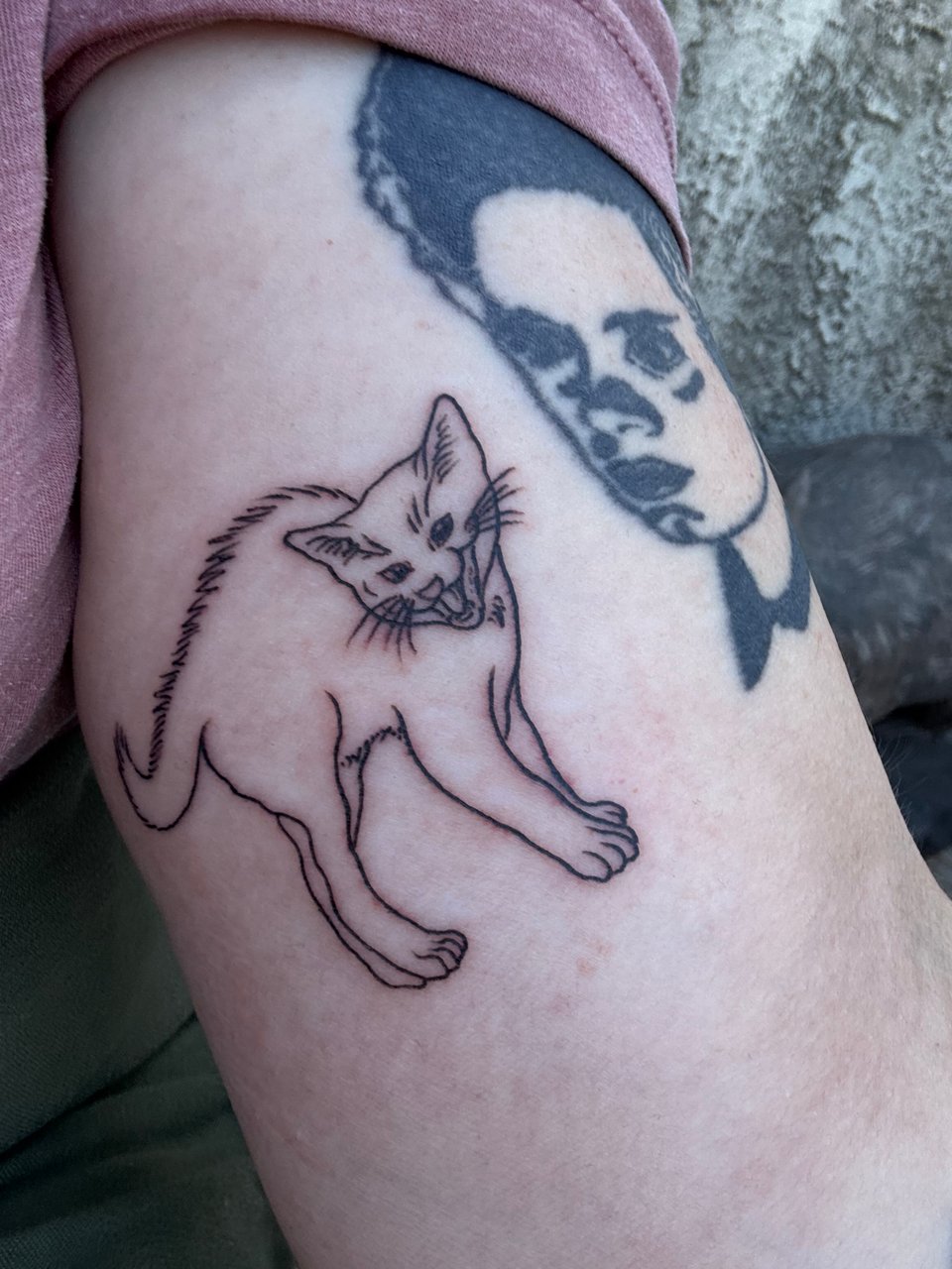 tattoo of a cat on my upper arm next to the bride of frankenstein.