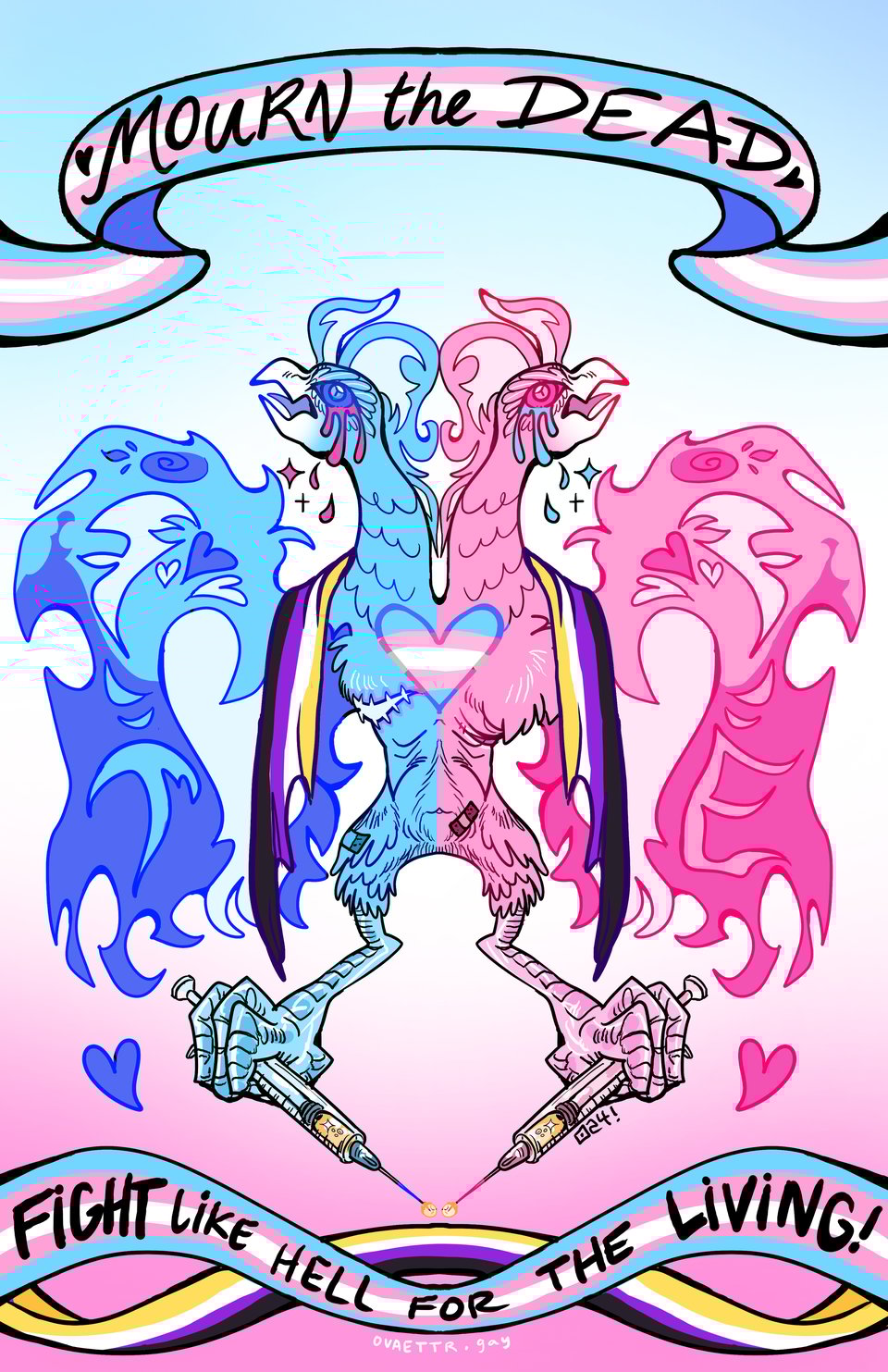A transgender phoenix that is double-headed and split between blue and pink.