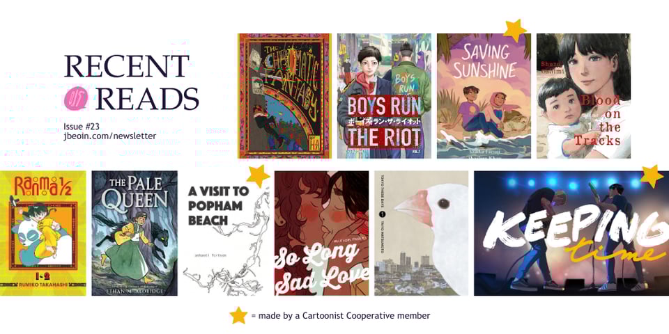 A graphic sharing the cover images for Jessi Eoin's newsletter for Issue 23 on October 1, 2024. The comics shown are The Chromatic Fantasy, Boys Run the Riot, Saving Sunshine, Blood on the Tracks, Ranma Half, The Pale Queen, A Visit to Popham Beach, So Long Sad Love, Tokyo These Days, and Keeping Time. Stars highlight that Saving Sunshine, A Visit to Popham Beach, and Keeping Time are made by Cartoonist Cooperative members.