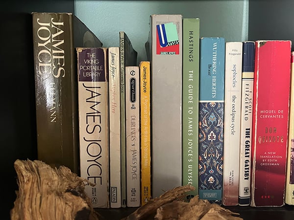 A bookshelf including several books by and about James Joyce.