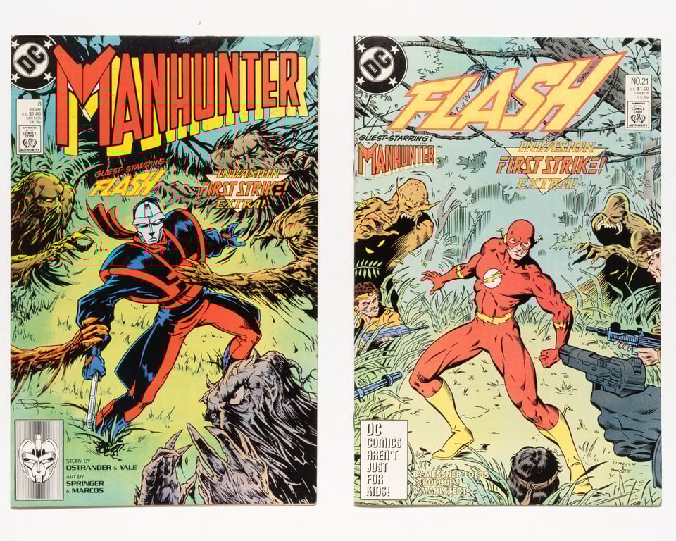 Manhunter 8 and Flash 21. crossover issues with each other that show the same story from each title characters perspective. the covers are the same model showing the lead character from each book attacked by shape changing aliens