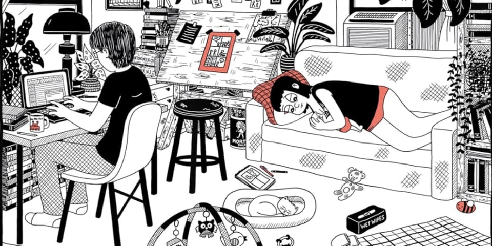 A cartoon of a woman lying on a sofa whilst her partner works at a laptop.